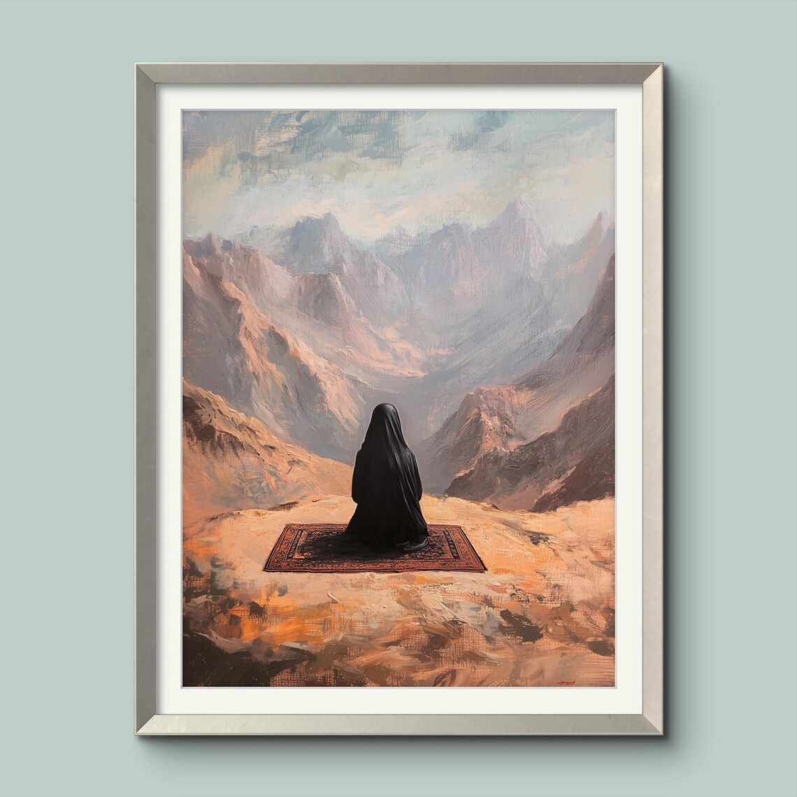 Islamic Woman Praying In Mountains Art Print Muslim Home Decor
