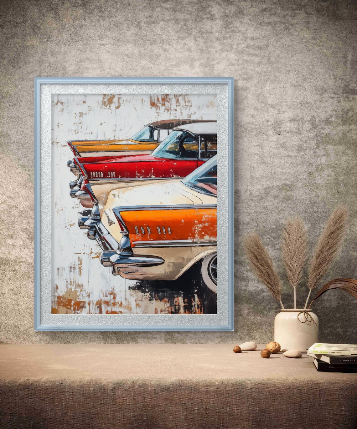 Vintage Classic Cars Tail Fins Row Retro Automotive Painting Poster