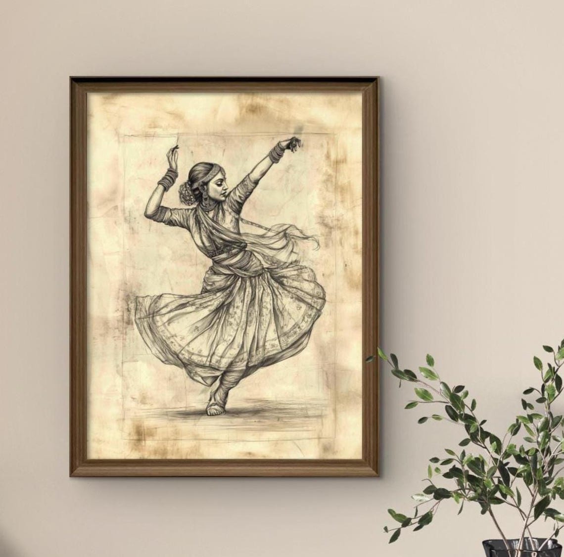 Female Kathak Dancer Sepia Ink Sketch Traditional Art Poster
