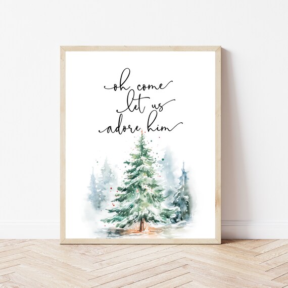 Oh Come Let Us Adore Him Watercolor Christmas Tree Holiday Poster