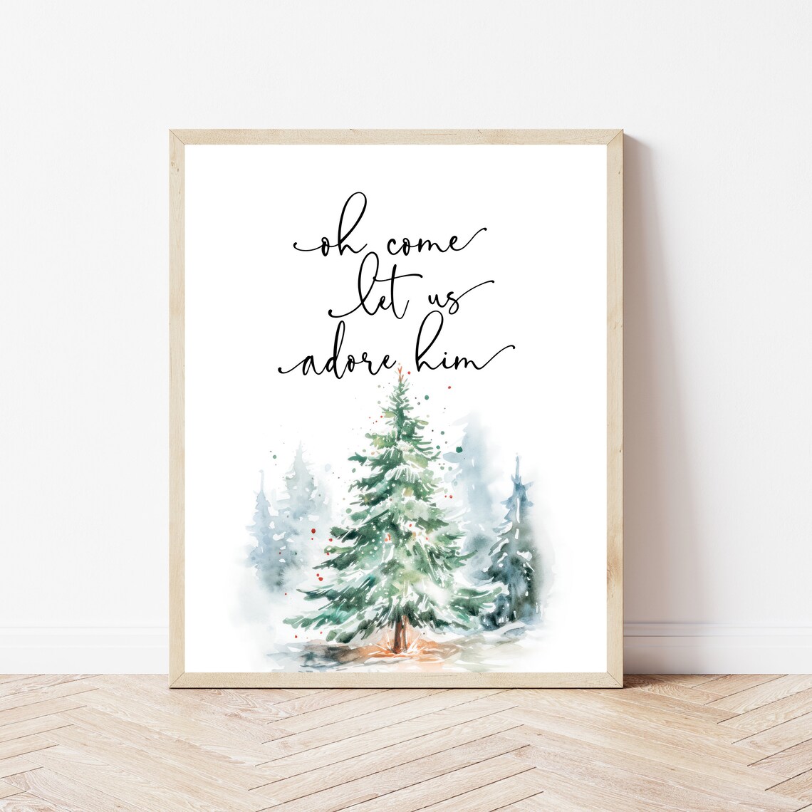 Oh Come Let Us Adore Him Watercolor Christmas Tree Holiday Poster