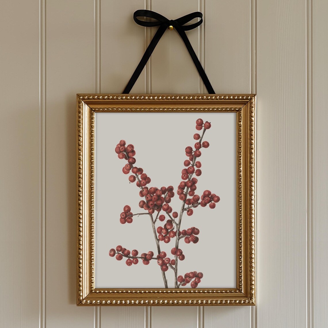 Winterberry Red Berries Branch Vintage Botanical Holiday Art Print