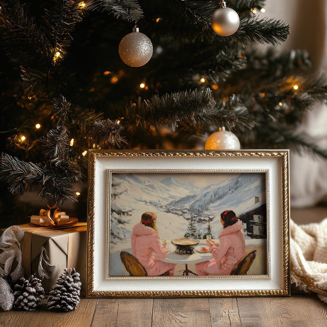 Two Friends Sharing Fondue Overlooking Alpine Valley Ski Poster - Image 4