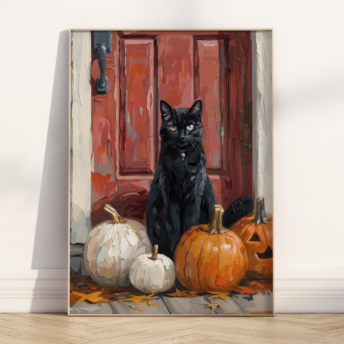 Black Cat With Pumpkins At Red Door Halloween Wall Art Poster - Image 3