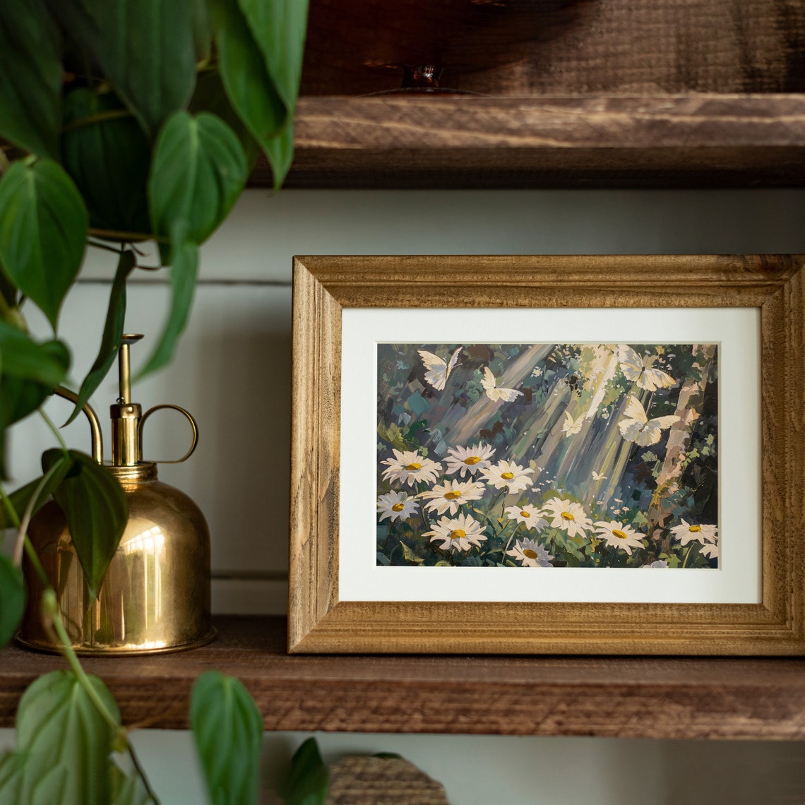 White Daisy Flowers Butterflies Sunbeam Forest Garden Art Wall Print - Image 4