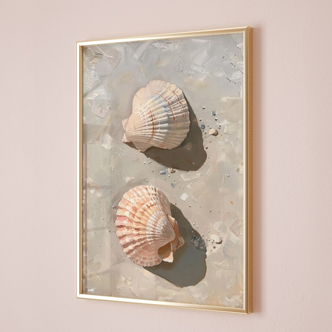 Two Blush Scallop Seashells Sand Coastal Painting Wall Art Print - Image 4