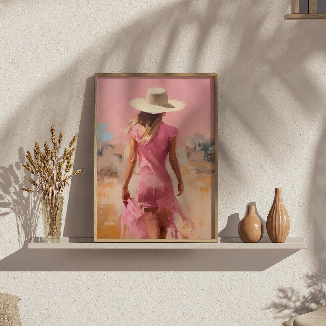 Woman in Pink Dress White Sunhat Walking Abstract Oil Painting Poster - Image 5