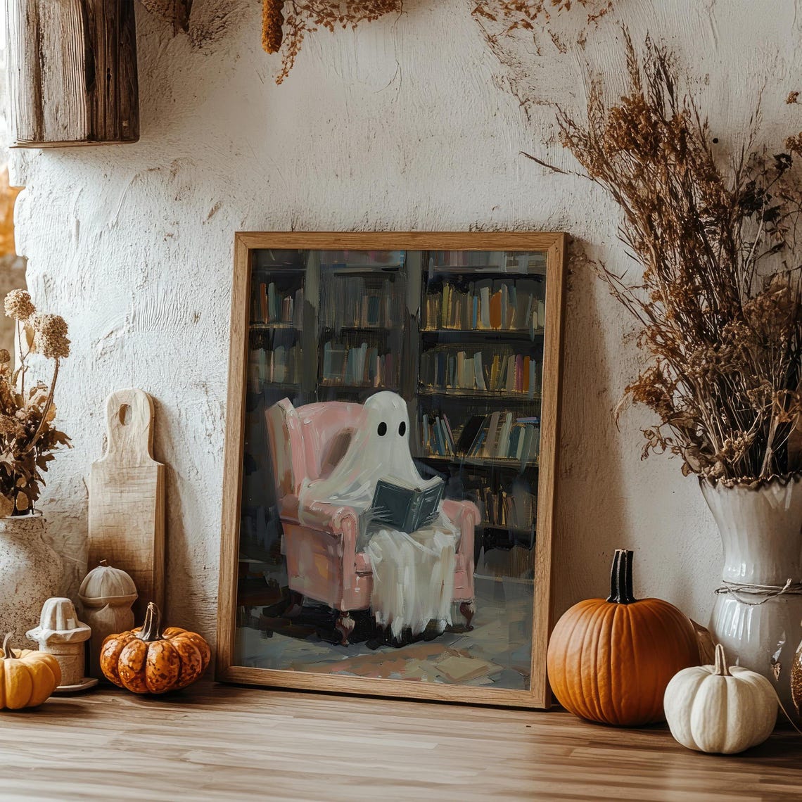 Ghost Reading Book In Cozy Library Halloween Wall Art Poster - Image 4
