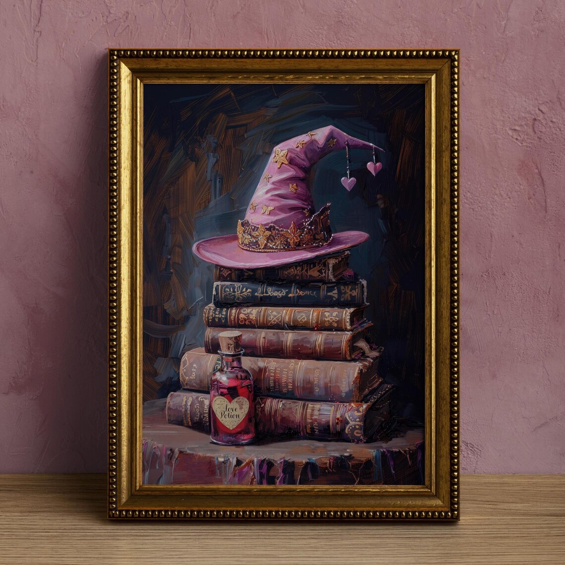 Pink Witch Hat and Books Halloween Poster, Dark Academia