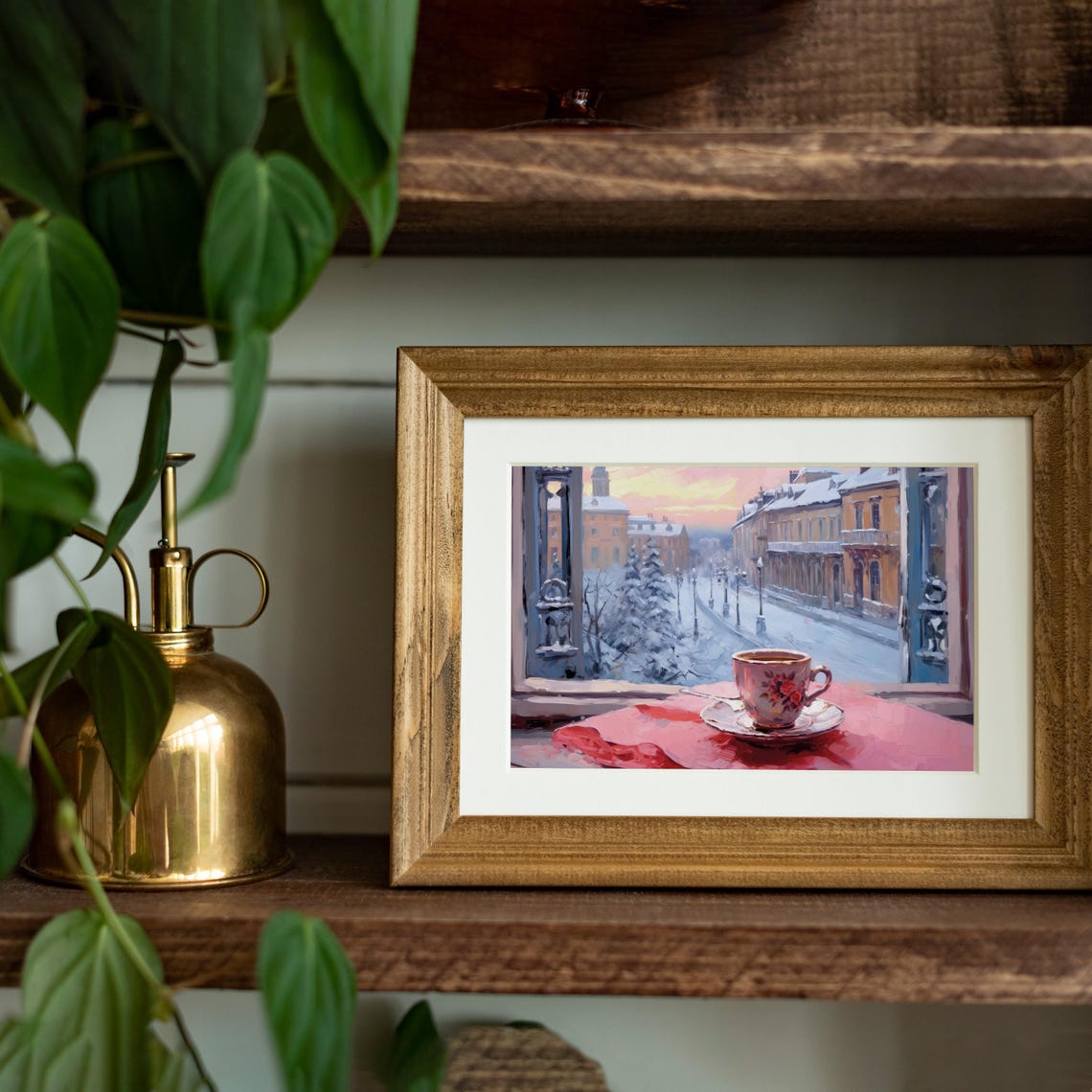 Cozy Coffee Cup Pink Windowsill Snowy Street Winter Morning Poster - Image 3