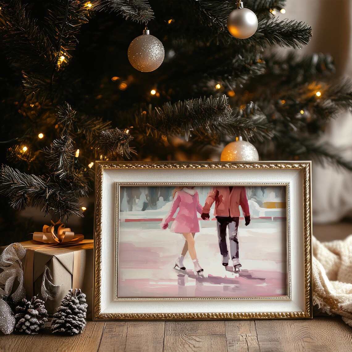 Sweet Pink Couple Ice Skating Holding Hands Winter Wall Art Print - Image 5