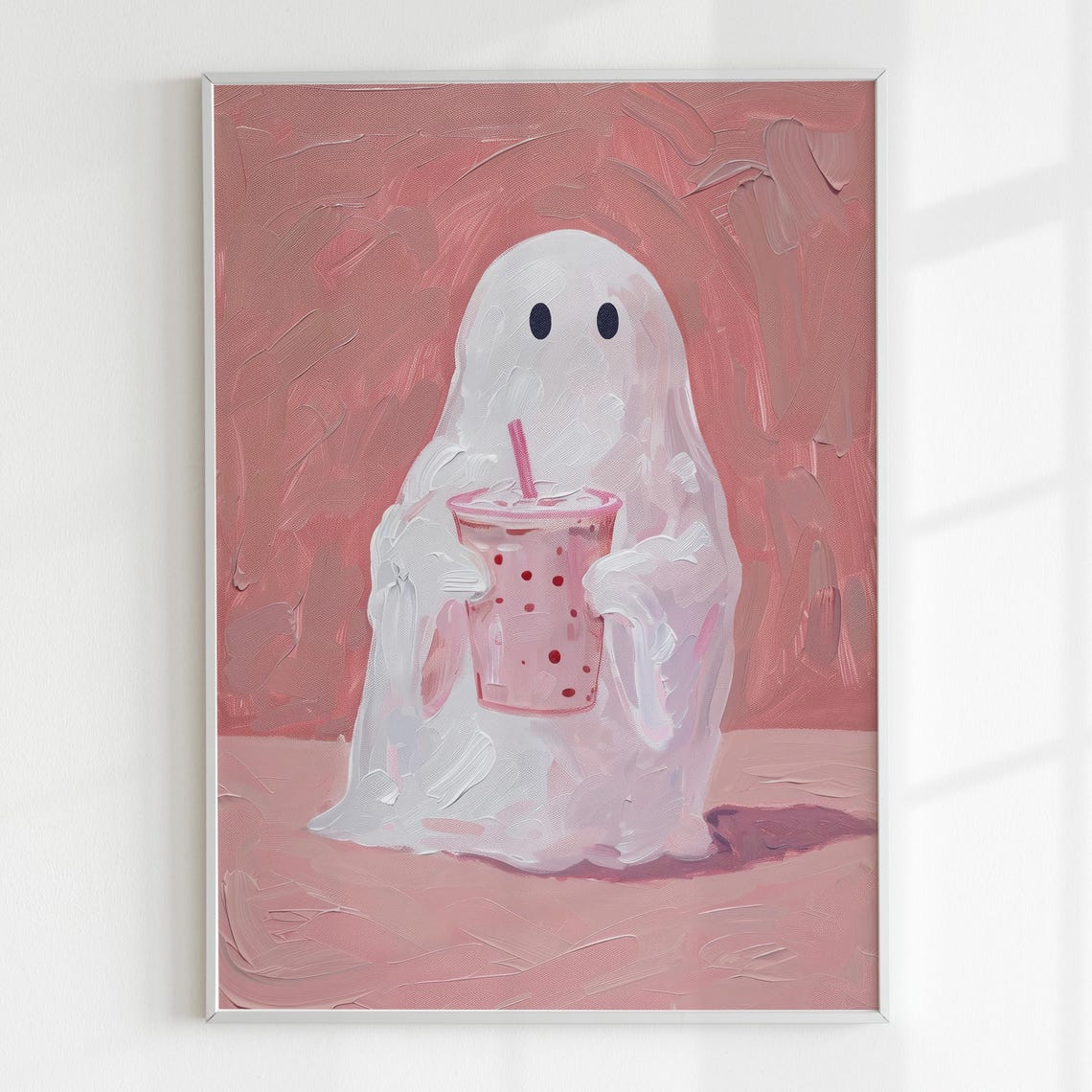 Cute Ghost With Bubble Tea Halloween Wall Art Preppy Halloween Room Decor Trendy Spooky Ghost Pink Wall Art - Image 5