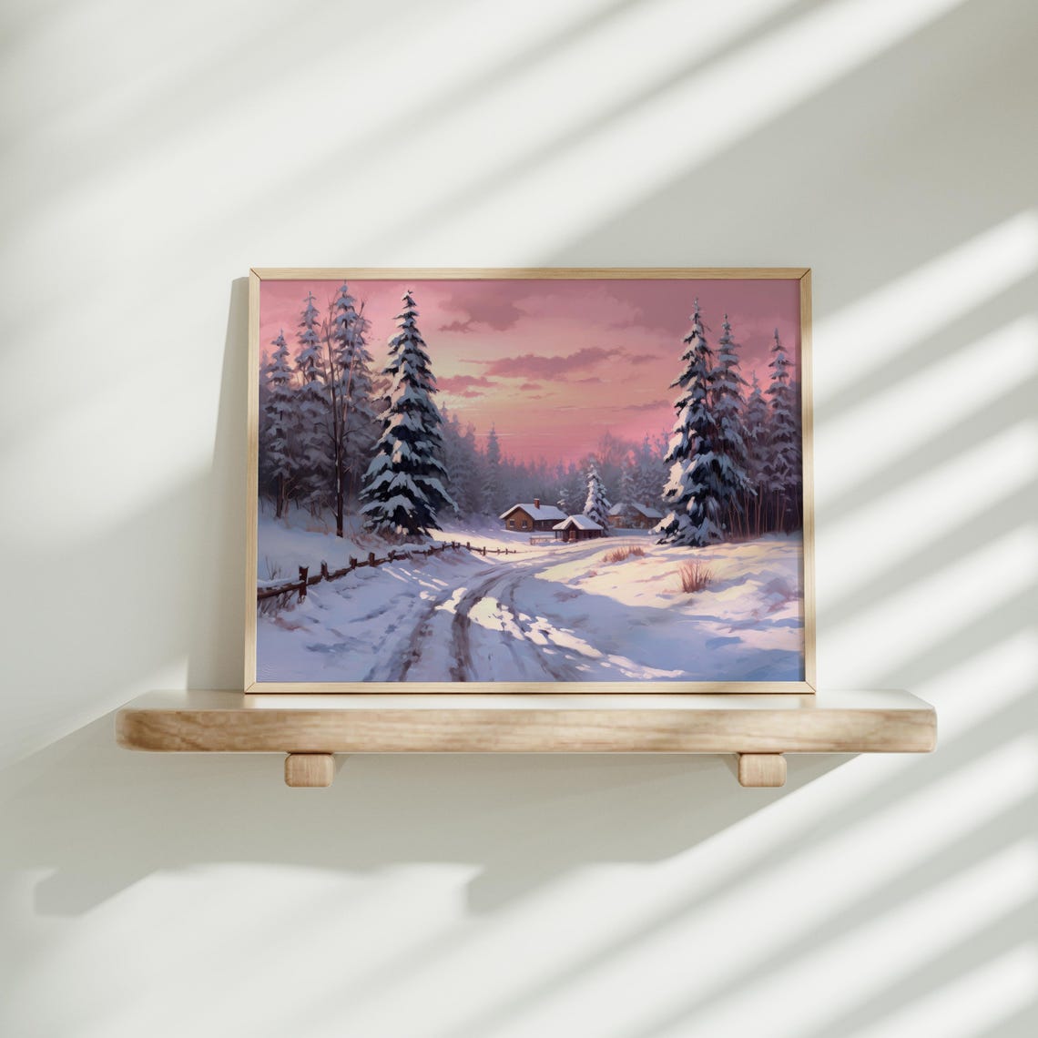 Pink Winter Forest Cabin Snowy Dusk Landscape Wall Art Poster - Image 4