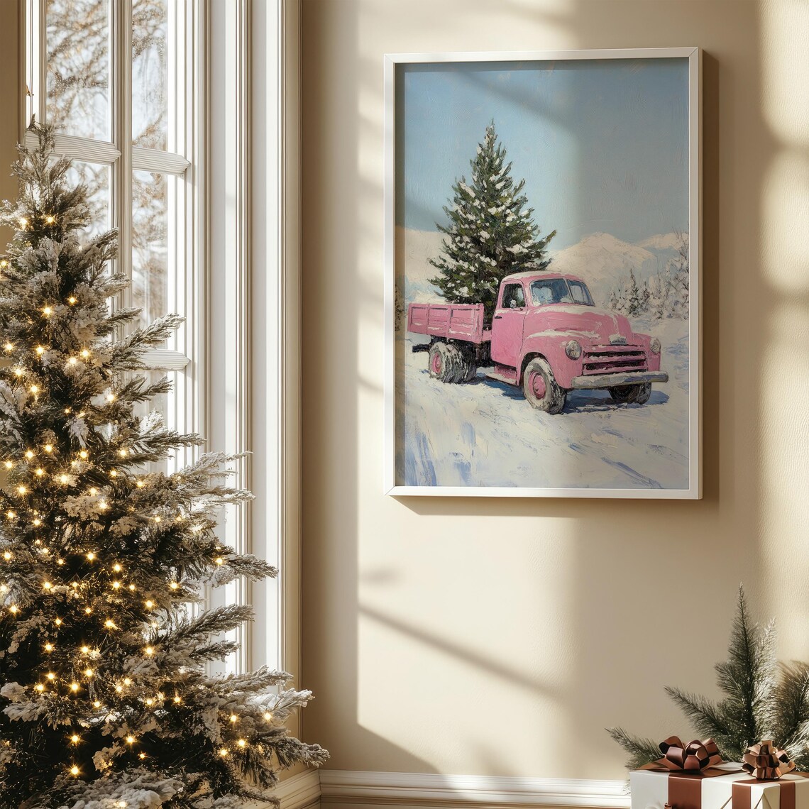 Pink Vintage Truck Hauling Christmas Tree Snowy Wall Art Poster - Image 5