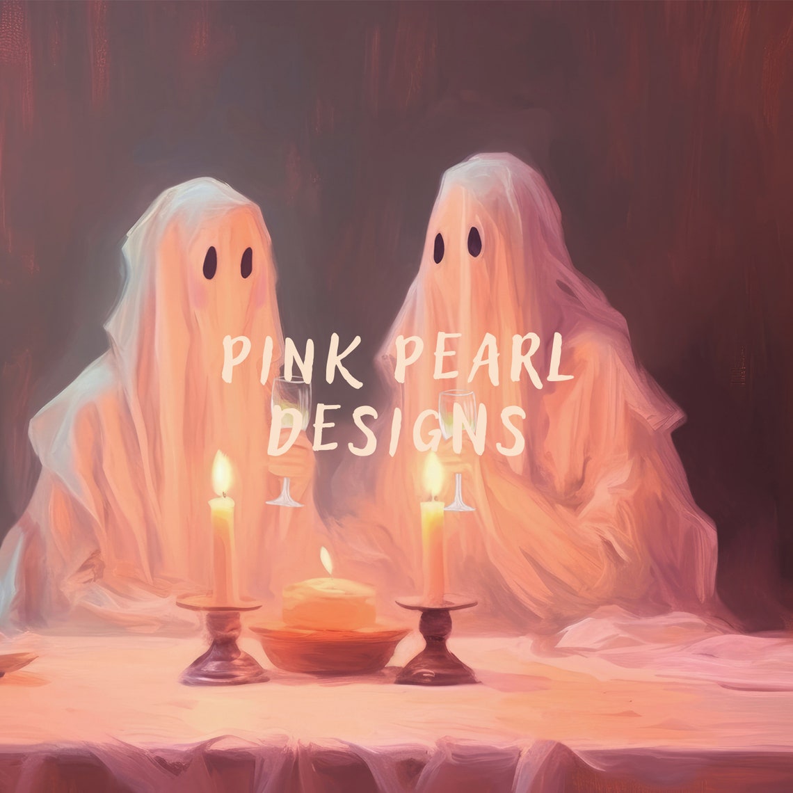 Cute Ghost Couple Romantic Candlelit Dinner Wine Glasses Art Print - Image 6