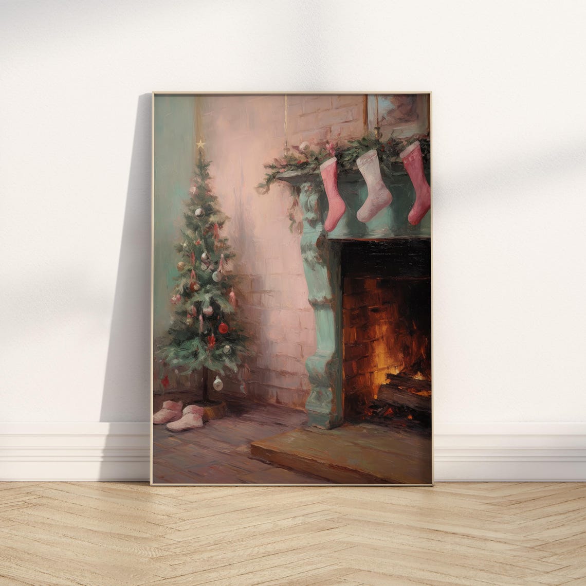 Moody Fireplace Pink Stockings Christmas Tree Holiday Poster - Image 3