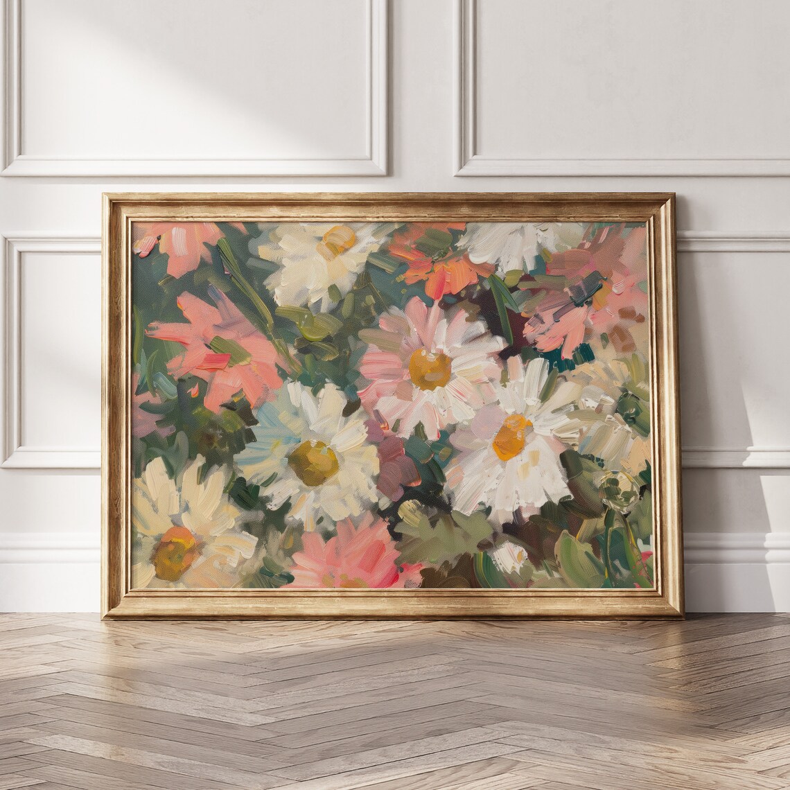 White Pink Daisy Flowers Impressionist Garden Oil Painting Poster - Image 5