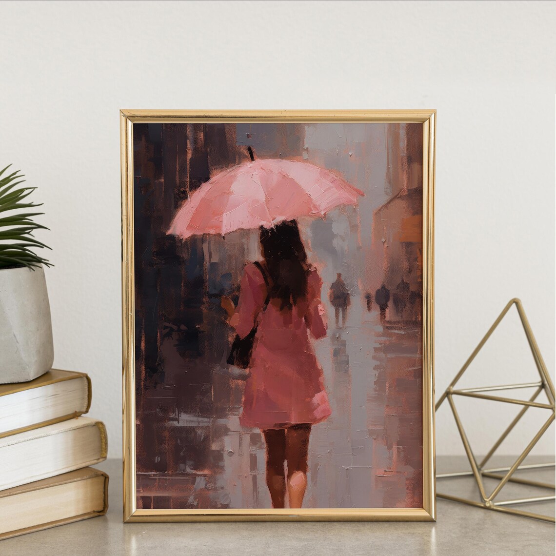 Woman Pink Umbrella Rainy City Street Painting Wall Art Print - Image 6