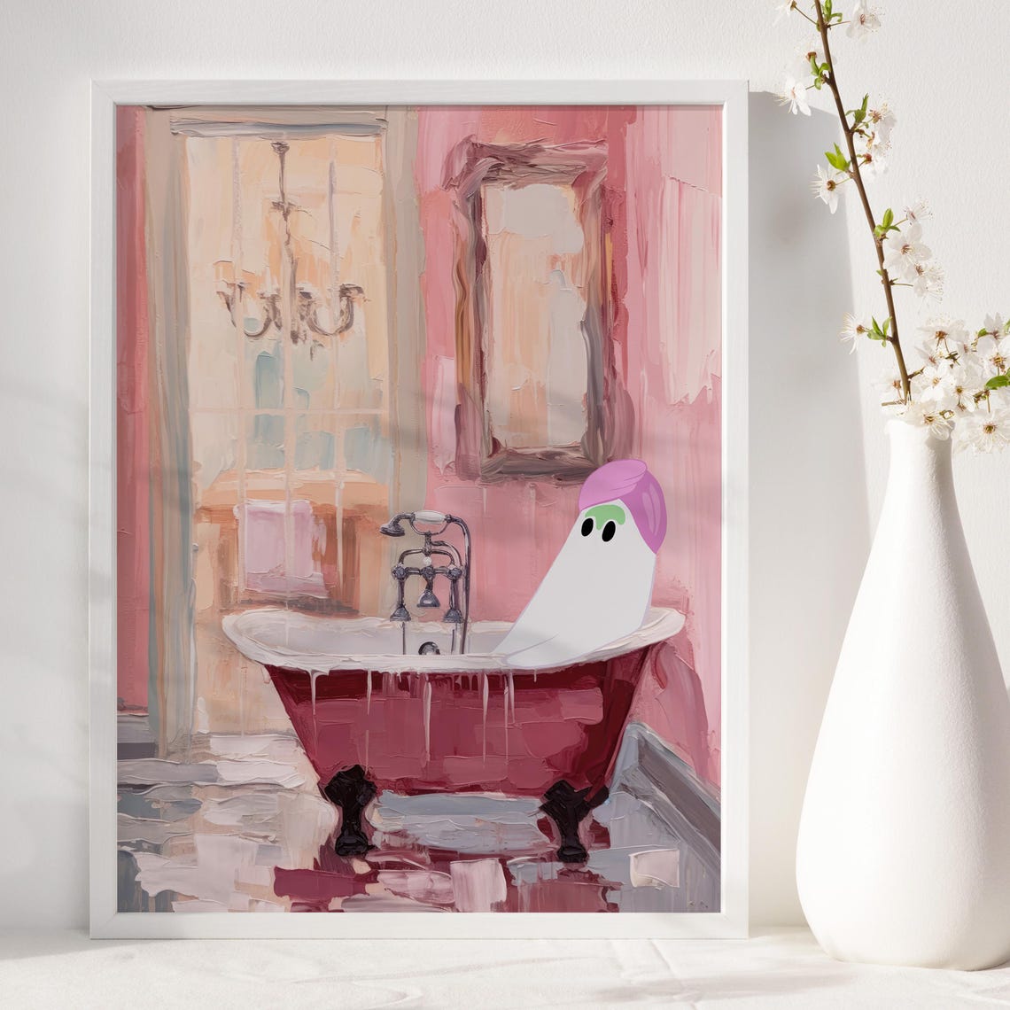 Preppy Ghost In Bathroom Girly Wall Art Preppy Halloween Decor Cute Ghost Poster Trendy Pink Bathroom Wall Art - Image 4