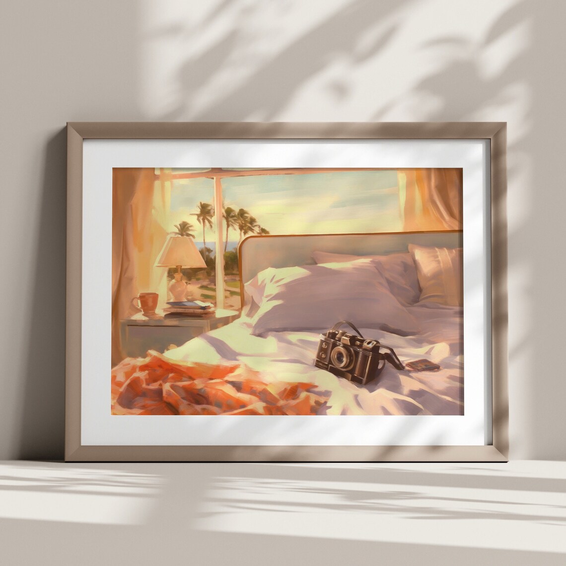 Sunny Bedroom Camera on Bed Palm Ocean View Vacation Wall Art Print - Image 4