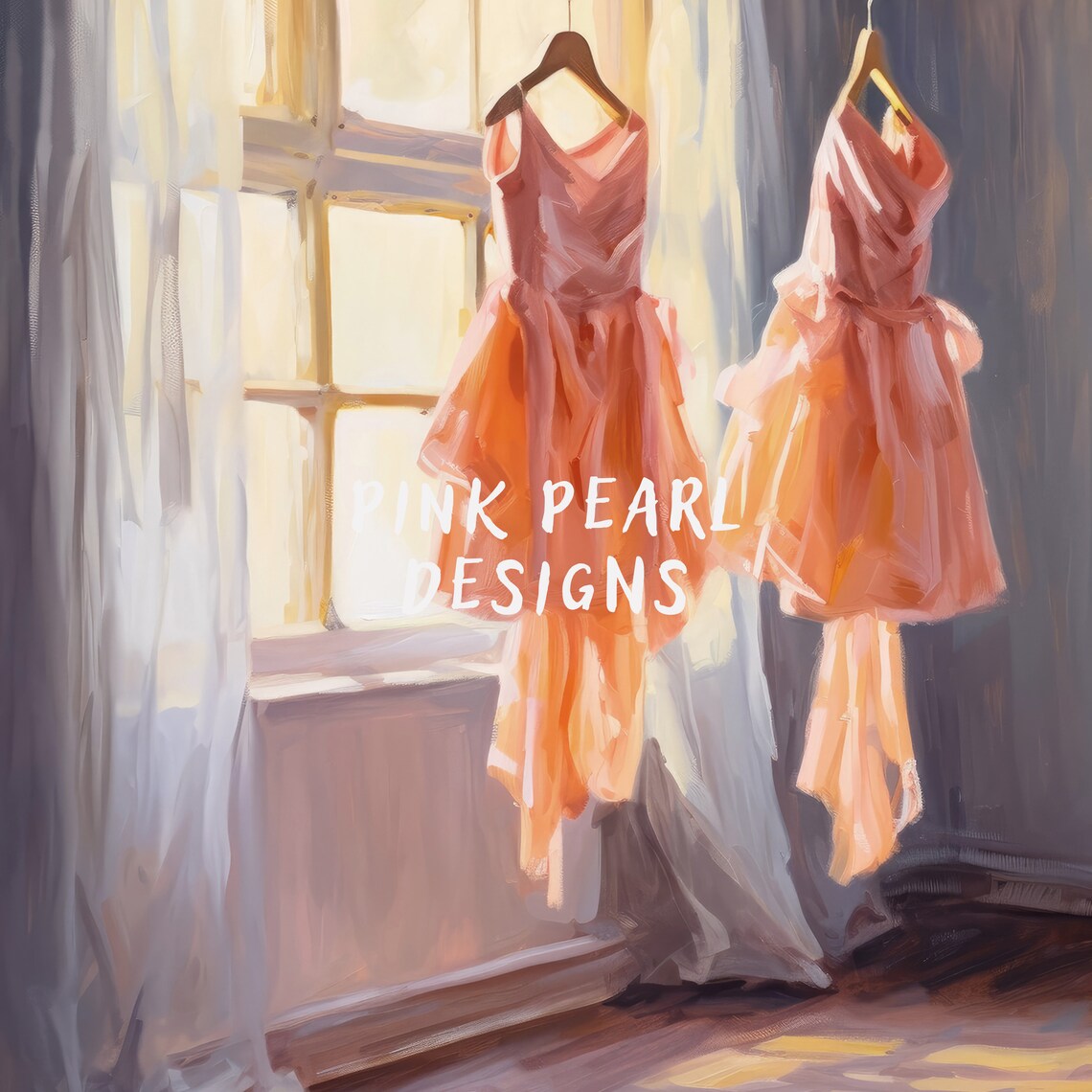 Two Pink Ballet Dresses Hanging by Sunlit Window With Slippers Wall Art - Image 3