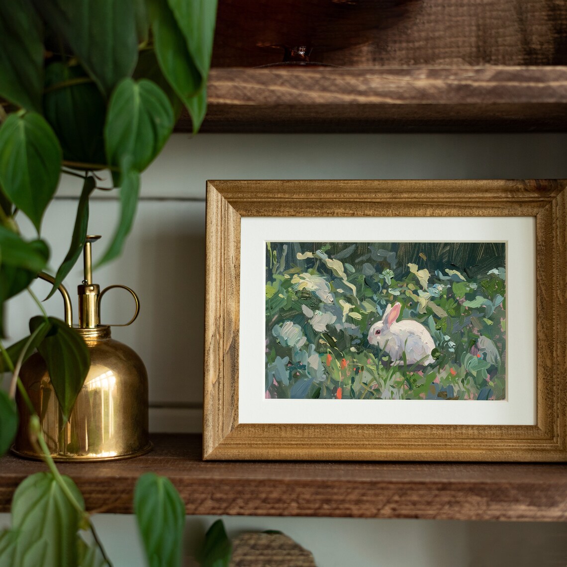 White Bunny Rabbit Lush Garden Vintage Oil Painting Wall Art - Image 6