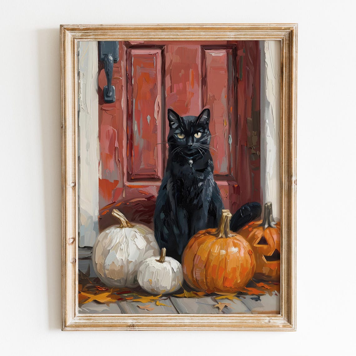 Black Cat With Pumpkins At Red Door Halloween Wall Art Poster - Image 5