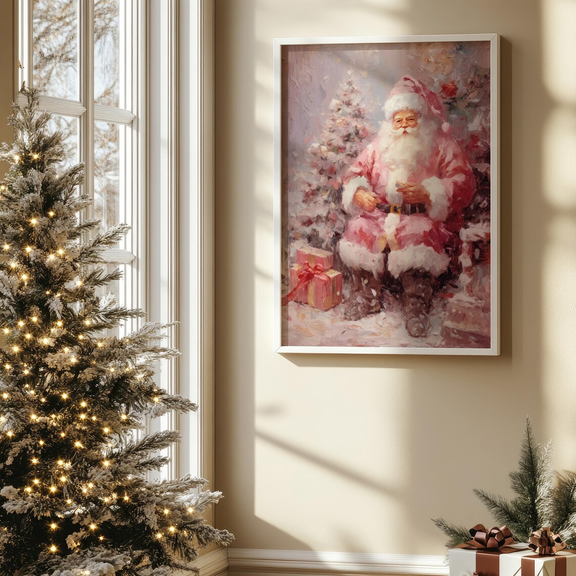 Pink Santa Claus Christmas Wall Art, Preppy Print - Image 4