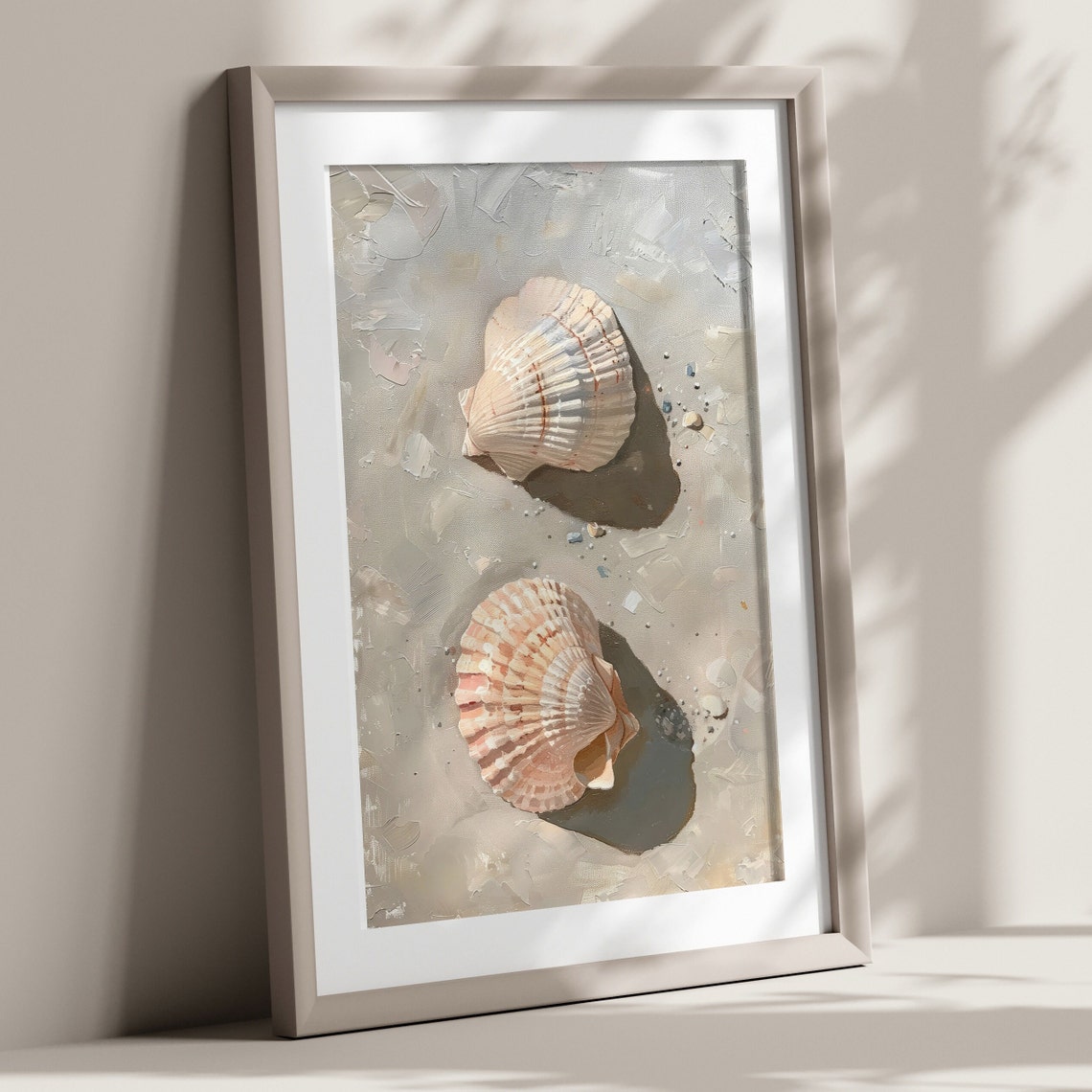Two Blush Scallop Seashells Sand Coastal Painting Wall Art Print - Image 5