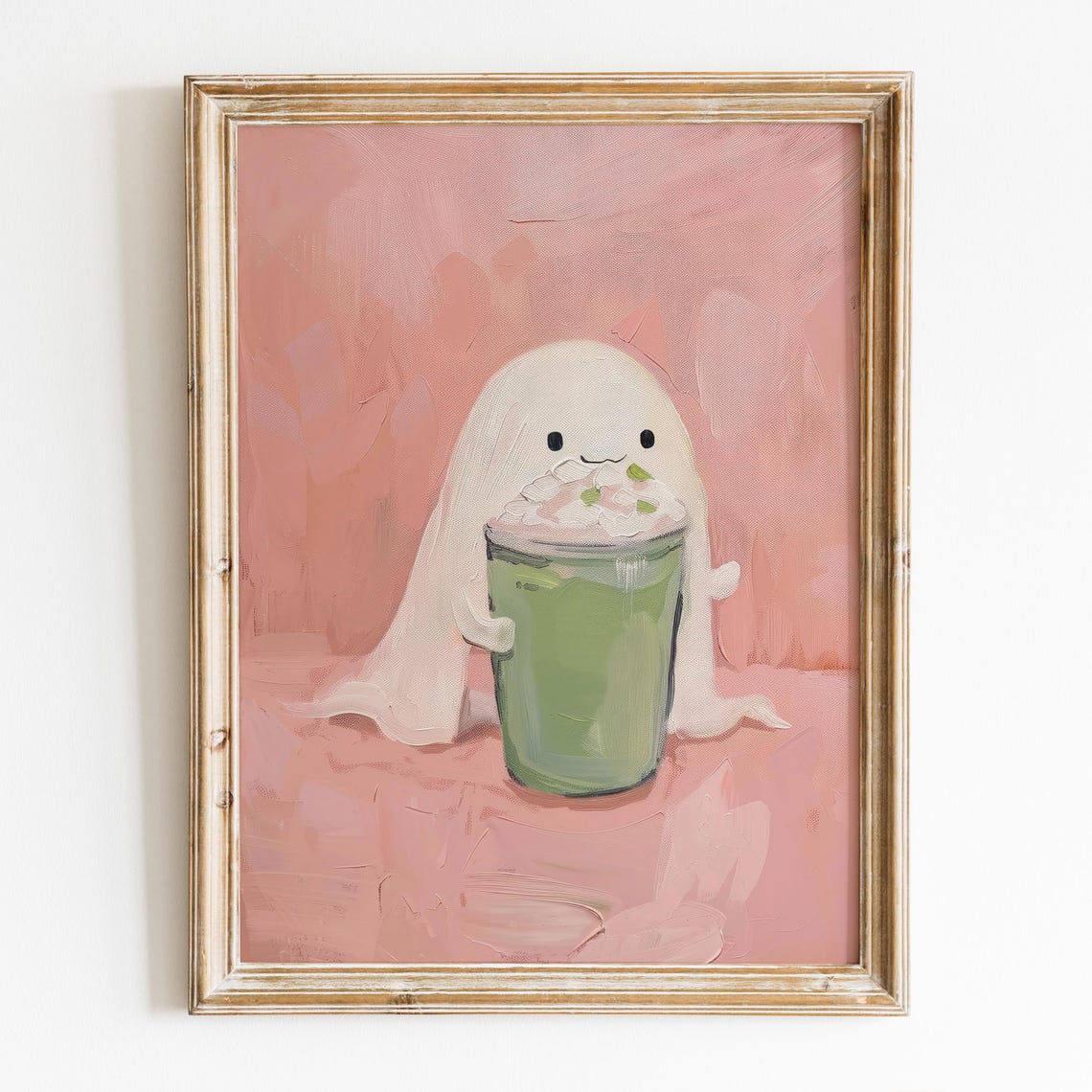 Cute Ghost Holding Matcha Latte On Pink Halloween Wall Art Poster