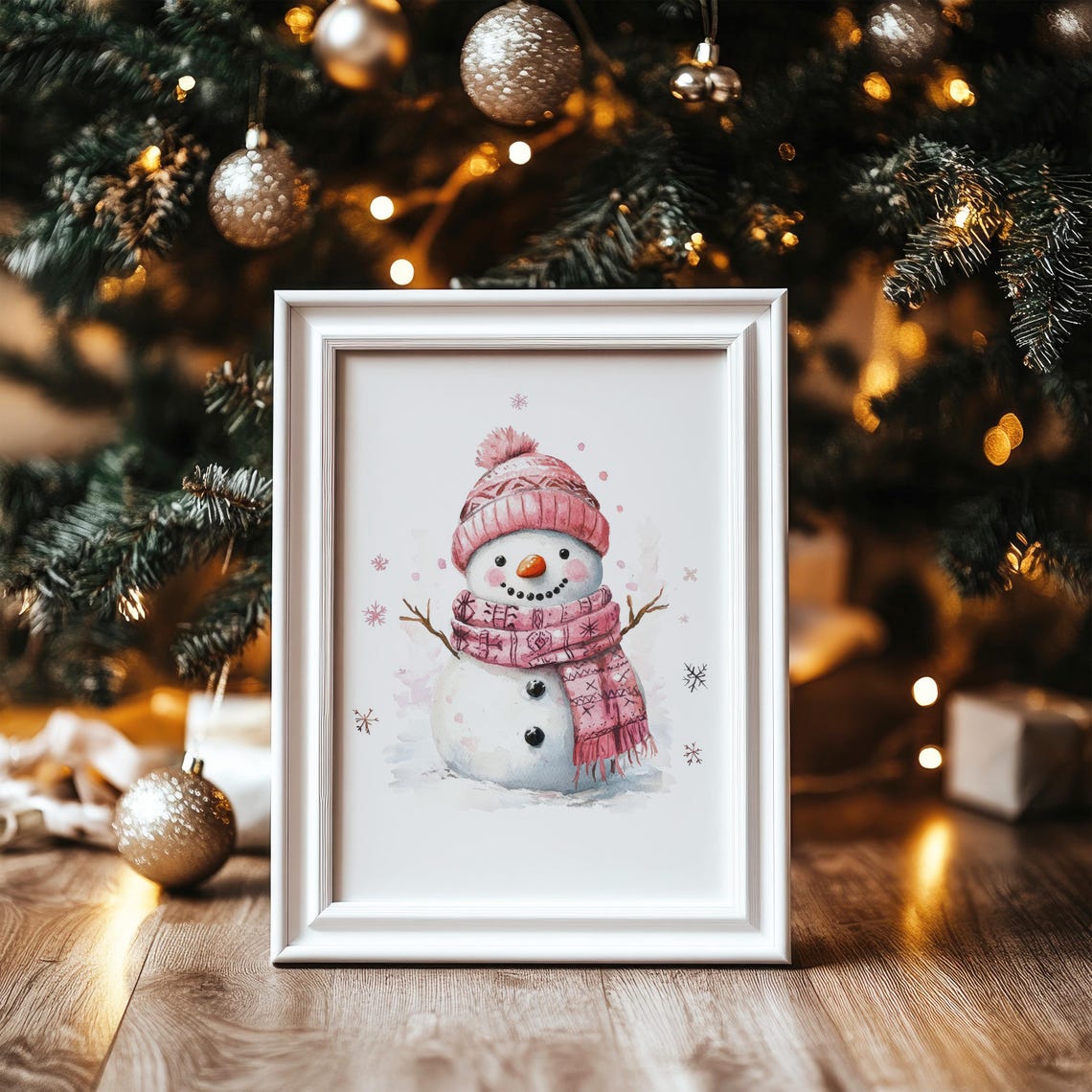 Cute Pink Snowman Watercolor Winter Christmas Wall Art Poster - Image 4