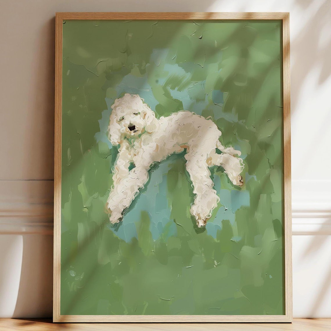 White Goldendoodle Lounging on Green Painterly Portrait Wall Art
