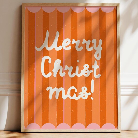 Merry Christmas Script Lettering Orange Pink Striped Holiday Poster