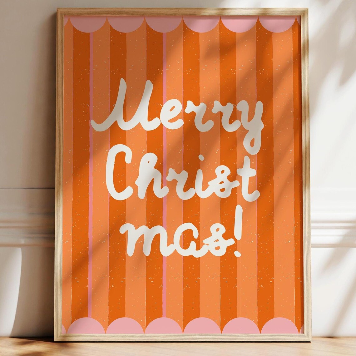 Merry Christmas Script Lettering Orange Pink Striped Holiday Poster