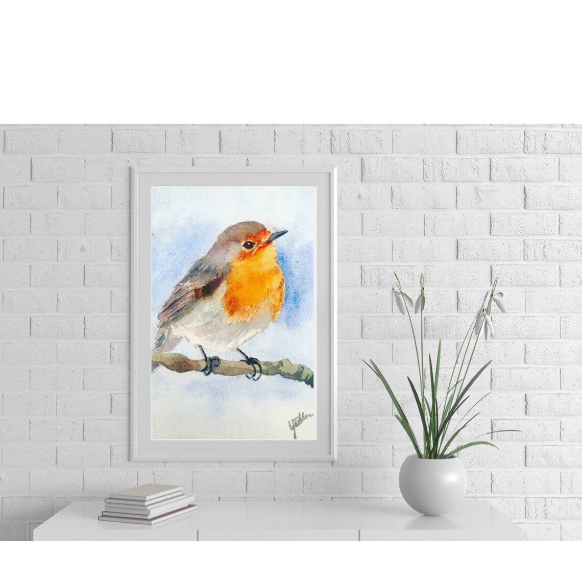 European Robin With Orange Breast Watercolor Songbird Poster - Image 2