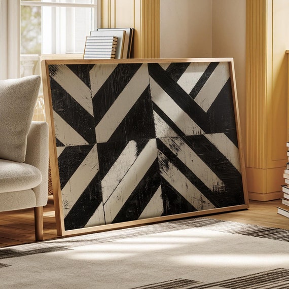 Grunge Black And White Abstract Art With Chevron Patterns And Bold Contrasts