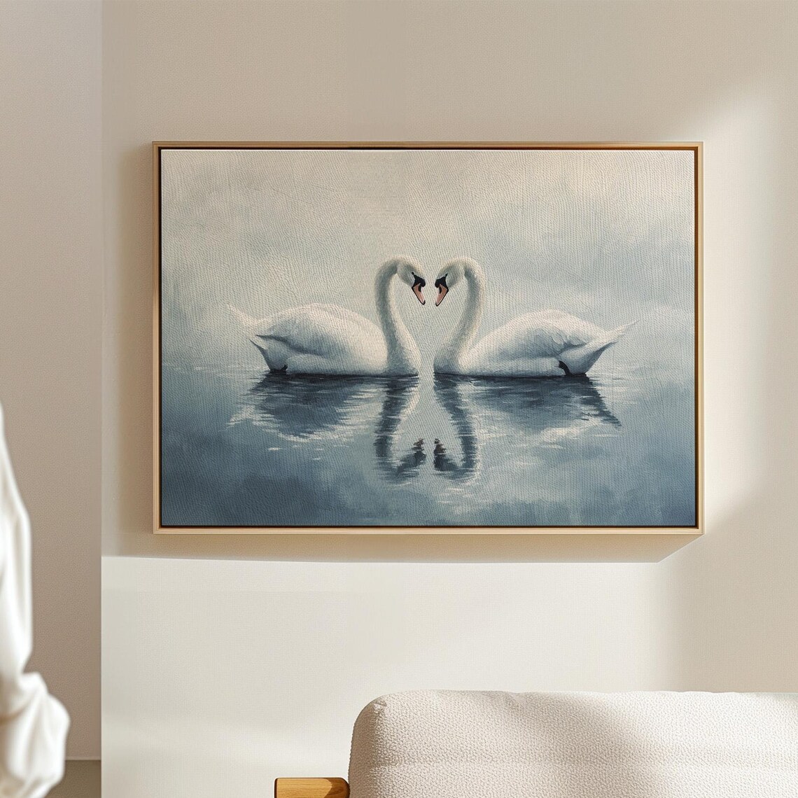 Two Swans Forming Heart Shape Misty Lake Romantic Animal Art Poster