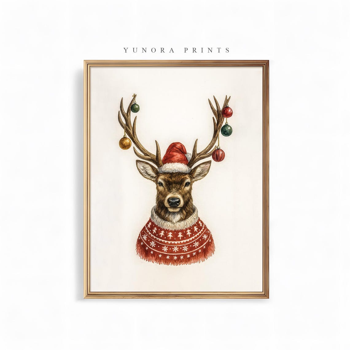 Reindeer Christmas Sweater Santa Hat Watercolor Festive Animal Poster