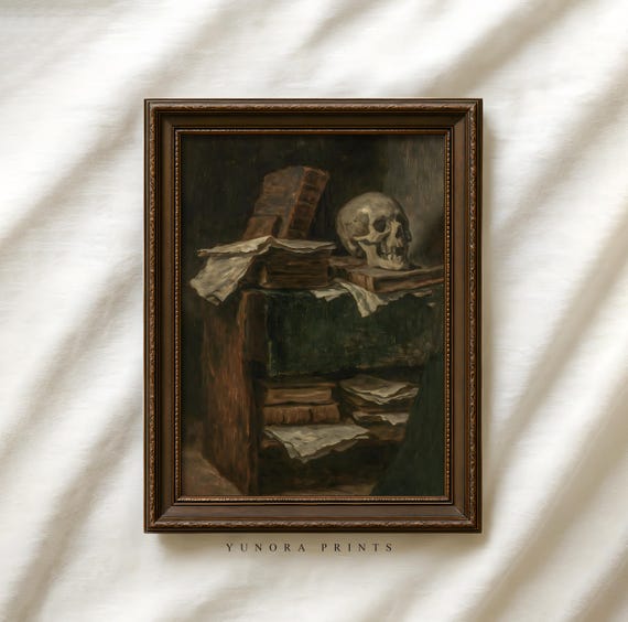 Vintage Skull And Books Print Dark Academia Creepy Still Life Illustration Gothic Halloween Wall Art