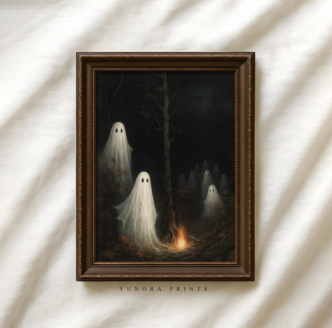 Cute Ghosts In Forest Print Spooky Halloween Wall Art Creepy Illustration Gothic Haunted House Decor
