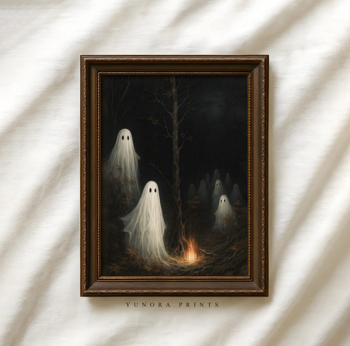 Cute Sheet Ghosts Gathering In Dark Forest Halloween Art Poster