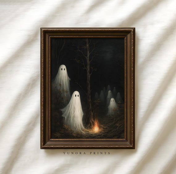 Cute Ghosts In Forest Print Spooky Halloween Wall Art Creepy Illustration Gothic Haunted House Decor