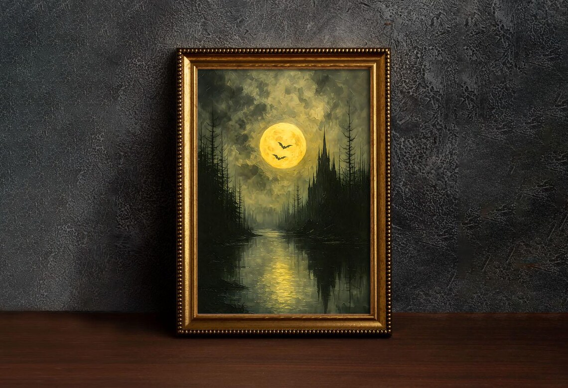 Gothic Castle Full Moon Print Spooky Halloween Bat Art