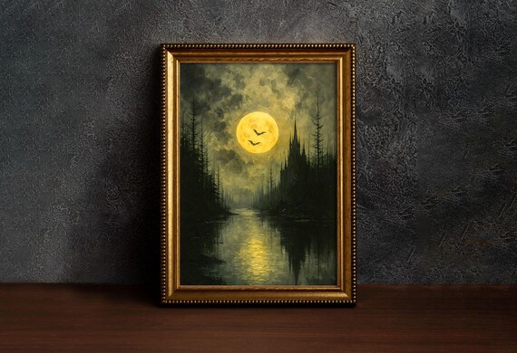 Gothic Castle Full Moon Print Spooky Halloween Bat Art