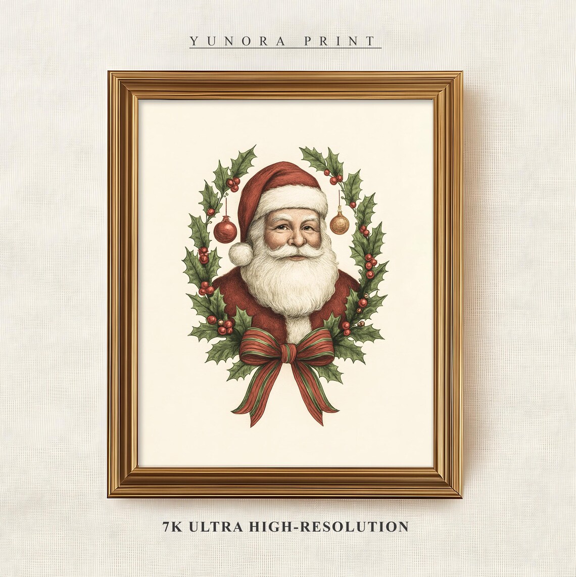 Santa Claus Holly Wreath Vintage Portrait Cozy Christmas Art Poster