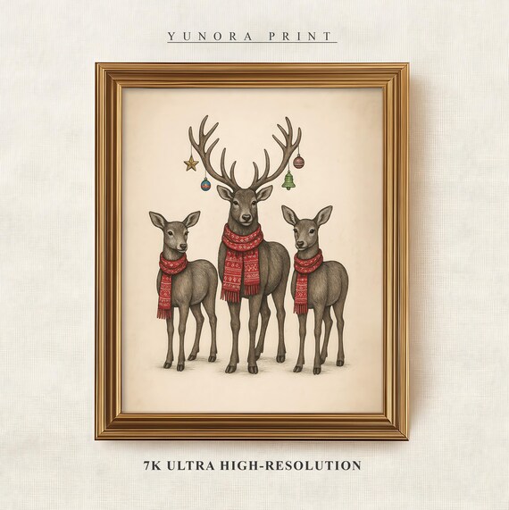 Reindeer Family Red Scarves Antler Ornaments Cozy Christmas Poster