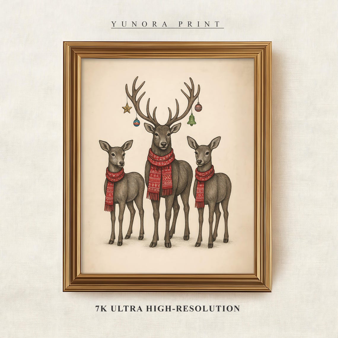 Reindeer Family Red Scarves Antler Ornaments Cozy Christmas Poster
