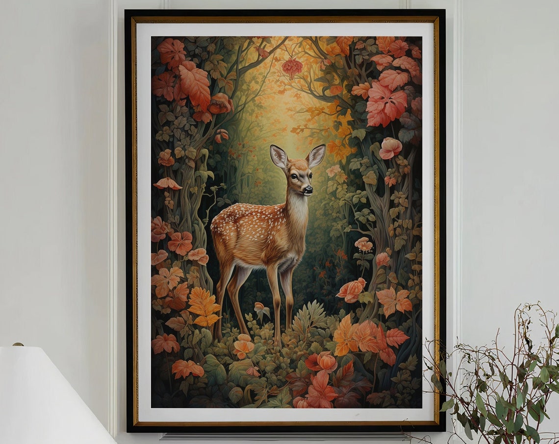 Fawn in Autumn Floral Forest Arch with Warm Golden Light Poster - Image 4