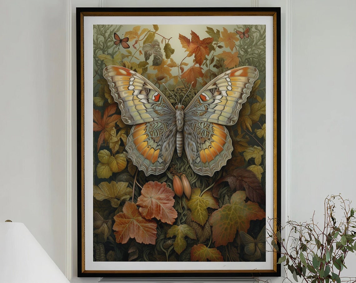 Large Grey Butterfly With Amber Wings Among Autumn Leaves Poster