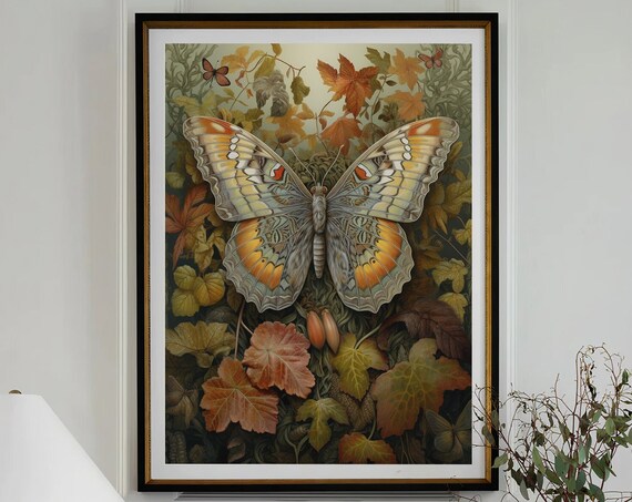 Large Grey Butterfly With Amber Wings Among Autumn Leaves Poster